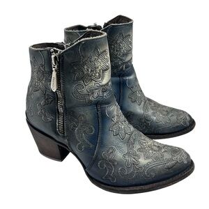 Cuadra Blue Leather Embroidered Western Ankle Boots Size 8